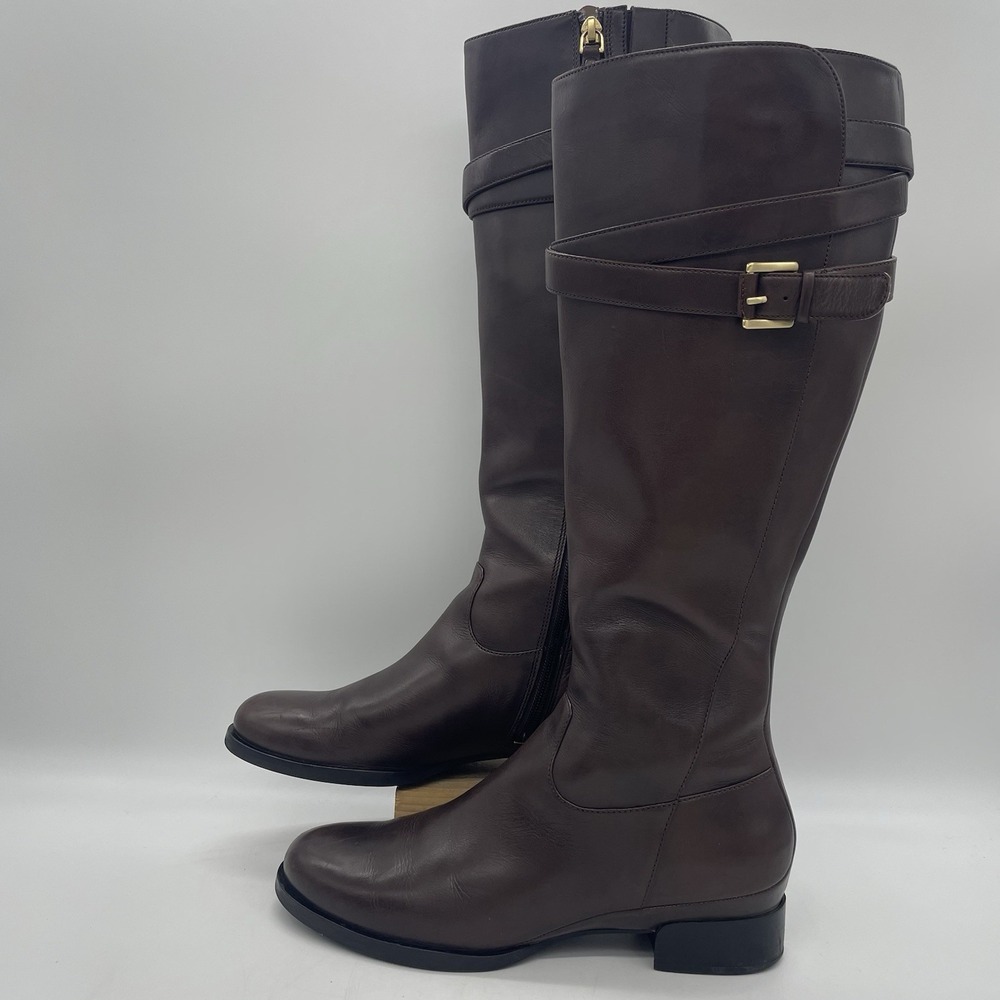 Ecco Womens 39 (8-8.5) Boots Knee High Riding Brown Leather Gold Buckle Full Zip